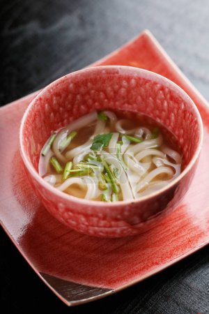Photo for Japanese noodle dish KAKE-UDON. Udon noodles in a hot soup. - Royalty Free Image