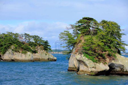 beautiful scenery of sea and rocky islands with lush green vegetation. Matsushima islands in Miyagi Prefecture, Japan