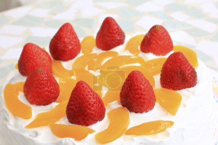 Photo for Cake decorated with strawberries on background, close up - Royalty Free Image