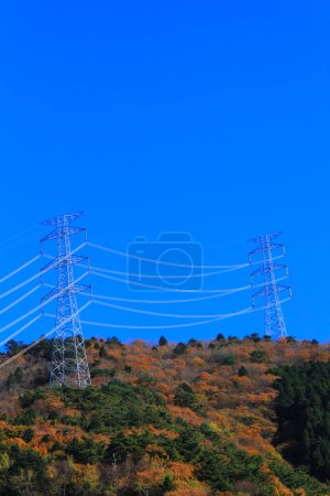 Téléchargez les photos : Beau paysage d'automne avec des arbres et des tours à haute tension dans les montagnes - en image libre de droit