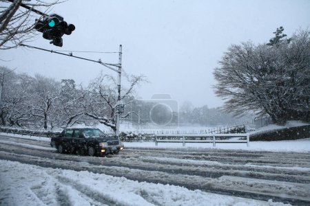 Téléchargez les photos : Paysage hivernal avec arbres enneigés et route de rue - en image libre de droit