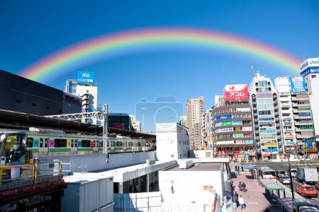 Photo for Urban background, city view with rainbow - Royalty Free Image