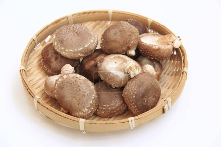 Téléchargez les photos : Champignons shiitake frais dans un panier en osier sur fond blanc - en image libre de droit