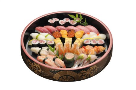 Foto de Set de sushi con salmón fresco, atún, camarones - Imagen libre de derechos