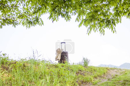 Photo for Suitcase with straw hat on green grass, travel concept - Royalty Free Image