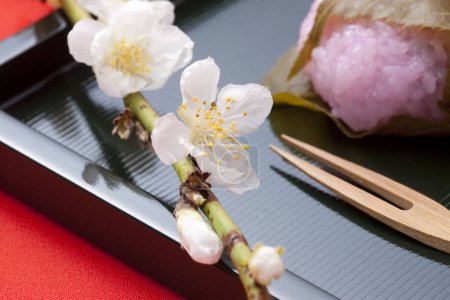 Téléchargez les photos : Sakuramochi - Gâteaux de riz sucré japonais "mochi" aux feuilles de sakura décorées de fleurs de cerisier - en image libre de droit