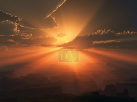 Photo for Sun setting and shining brightly over a mountain range - Royalty Free Image