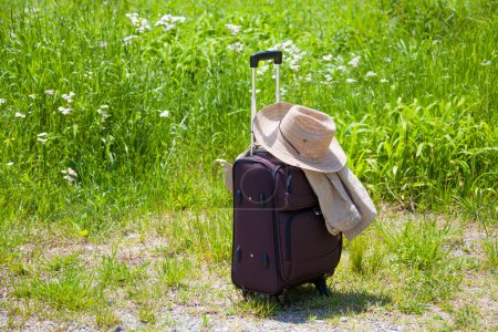 Téléchargez les photos : Valise avec chapeau de paille sur herbe verte, concept de voyage - en image libre de droit