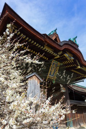 Foto de Plano escénico de hermoso santuario japonés antiguo con flores en flor en primer plano - Imagen libre de derechos