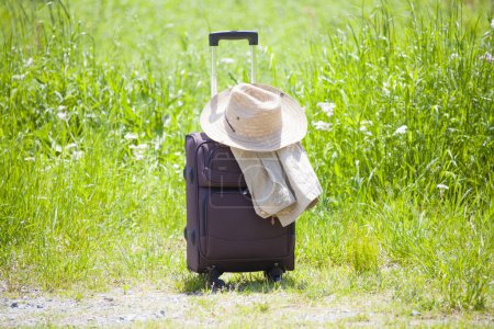Photo for Suitcase with straw hat on green grass, travel concept - Royalty Free Image