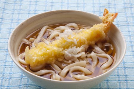 Photo for Tanuki Soba noodles with tempura shrimp, Japanese food, close up view - Royalty Free Image