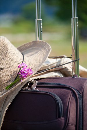 Téléchargez les photos : Chapeau de paille avec fleur rose sur la valise, concept de voyage - en image libre de droit