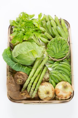 fresh green organic vegetables in wooden box isolated on white background. Green peas, cabbage, herbs, onions, asparagus, bamboo sprouts 