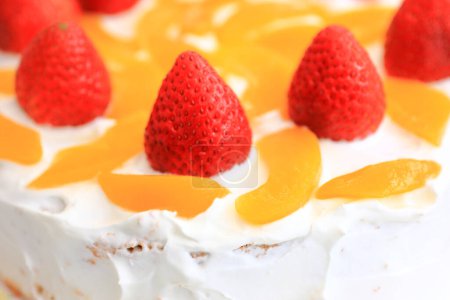 Photo for Tasty cake  with strawberries on background, close up - Royalty Free Image