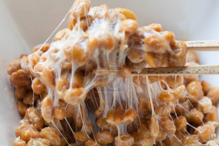 Sticky and stringy Natto. Healthy Traditional Japanese food made of fermented soybeans.