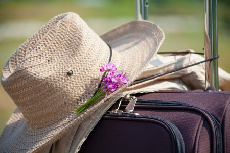Téléchargez les photos : Chapeau de paille avec fleur rose sur la valise, concept de voyage - en image libre de droit