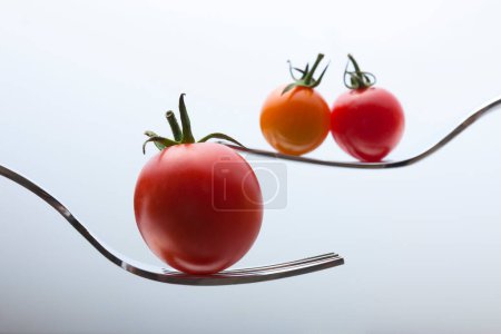 Photo for Fresh ripe organic tomatoes with forks on light background - Royalty Free Image
