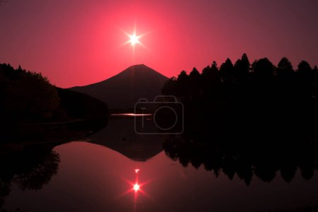 Photo for Surreal sunset view of mountain Fuji and Yamanashi lake in Japan - Royalty Free Image