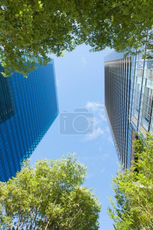 Téléchargez les photos : Gratte-ciel modernes, ciel bleu et arbres verts à Tokyo, Japon - en image libre de droit