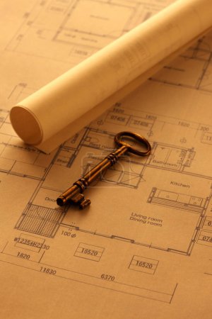 Photo for Construction drawings and key closeup - Royalty Free Image