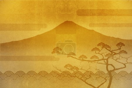 Photo for Mount Fuji and tree on Japanese golden pattern background - Royalty Free Image
