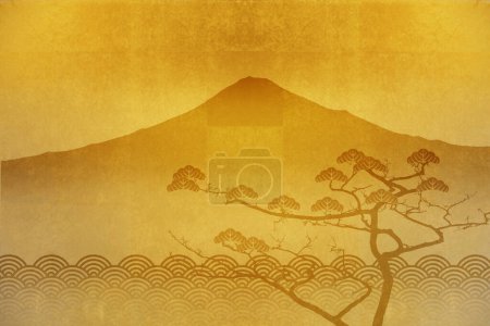 Photo for Mount Fuji and tree on Japanese golden pattern background - Royalty Free Image