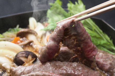 Téléchargez les photos : Sukiyaki, plat japonais de bœuf, légumes et tofu mijoté dans une sauce sucrée - en image libre de droit