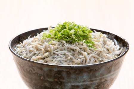 Téléchargez les photos : Nourriture traditionnelle japonaise sur la table. bol aux anchois petit poisson et oignon vert - en image libre de droit