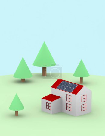 Foto de 3 d representación de la casa con paneles solares en el techo y árboles verdes en el fondo del cielo azul - Imagen libre de derechos