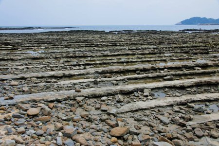 Foto de hileras naturales únicas de rocas volcánicas llenas de agua de mar durante la marea baja en Miyazaki, Japón