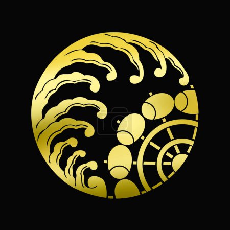 Photo for Traditional Japanese family crest logo illustration of golden color on black background - Royalty Free Image