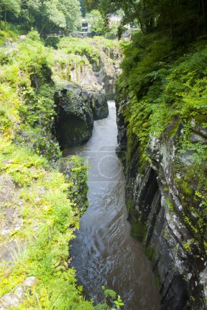 Téléchargez les photos : Gorge Takachiho, un gouffre étroit coupé à travers la roche par la rivière Gokase avec des falaises presque raides bordant les gorges sont faites de colonnes de basalte volcanique à formation lente, Takachiho, Nishiusuki, Miyazaki, Japon - en image libre de droit
