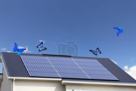 Téléchargez les photos : Papillons et panneaux solaires sur le toit de la maison - en image libre de droit