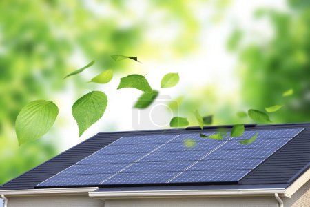 Photo for Green leaves and solar panels on roof of house - Royalty Free Image