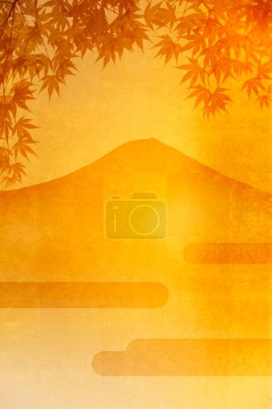Photo for Mount Fuji and maple leaves on Japanese golden pattern background - Royalty Free Image
