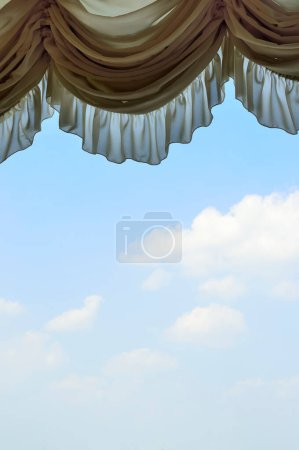 Photo for Large open window with a curtain, blue sky background - Royalty Free Image