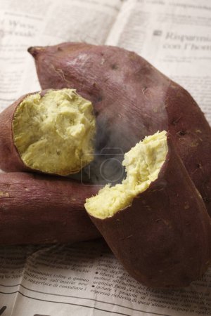 Téléchargez les photos : Chaud japonais rôti patates douces sur fond - en image libre de droit