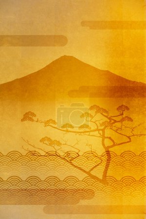 Téléchargez les photos : Mont Fuji et arbre sur fond de motif doré japonais - en image libre de droit