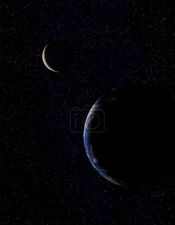 Foto de Vista nocturna del planeta Tierra y Luna en el espacio - Imagen libre de derechos