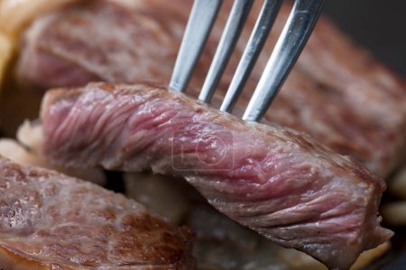 Foto de Primer plano de deliciosa carne de cerdo frita en tenedor - Imagen libre de derechos