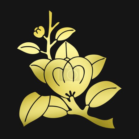 Téléchargez les photos : Logo floral doré. Emblème doré de la plante sur fond noir - en image libre de droit