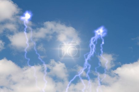 Photo for Lightning bolts with blue cloudy sky - Royalty Free Image