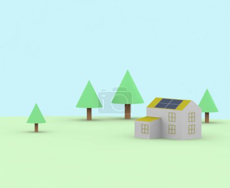 Foto de Casa con paneles solares en el techo y árboles verdes sobre fondo azul cielo - Imagen libre de derechos