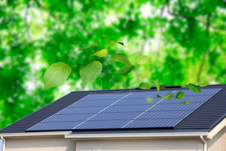 Foto de Hojas verdes y paneles solares en el techo de la casa - Imagen libre de derechos