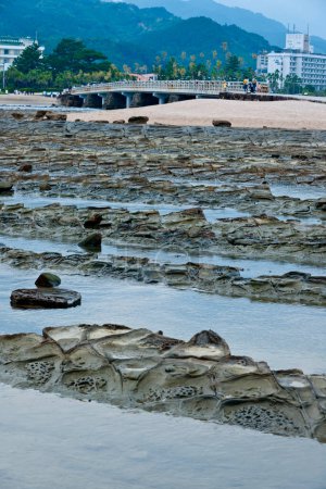 Téléchargez les photos : Photo de rangées naturelles uniques de roches volcaniques remplies d'eau de mer à marée basse à Miyazaki, Japon - en image libre de droit
