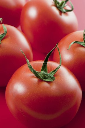 Téléchargez les photos : Un groupe de tomates sur une surface rouge - en image libre de droit