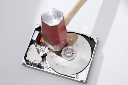 Photo for Destruction, deleting of data, information on a hard disk drive with hammer - Royalty Free Image