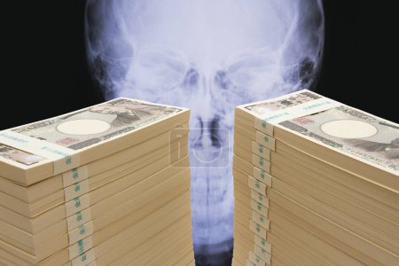 Photo for Japanese currency, pile of yen banknotes and smoke skull, financial background - Royalty Free Image