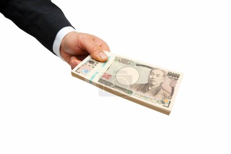 Photo for Male hand holding Japanese money,yen banknotes isolated on white background - Royalty Free Image