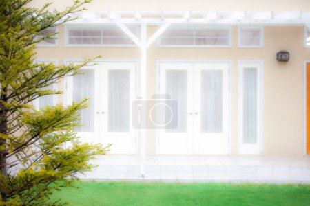 Téléchargez les photos : Maison blanche avec fenêtres et herbe verte - en image libre de droit